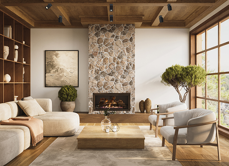 Interior design of modern apartment with large shelf, rafter ceiling and comfortable furniture, 3d render